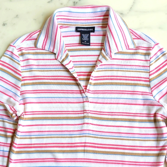 Express 100% Cotton Long Sleeve Polo Shirt with multi color stripes. - Picture 4 of 4